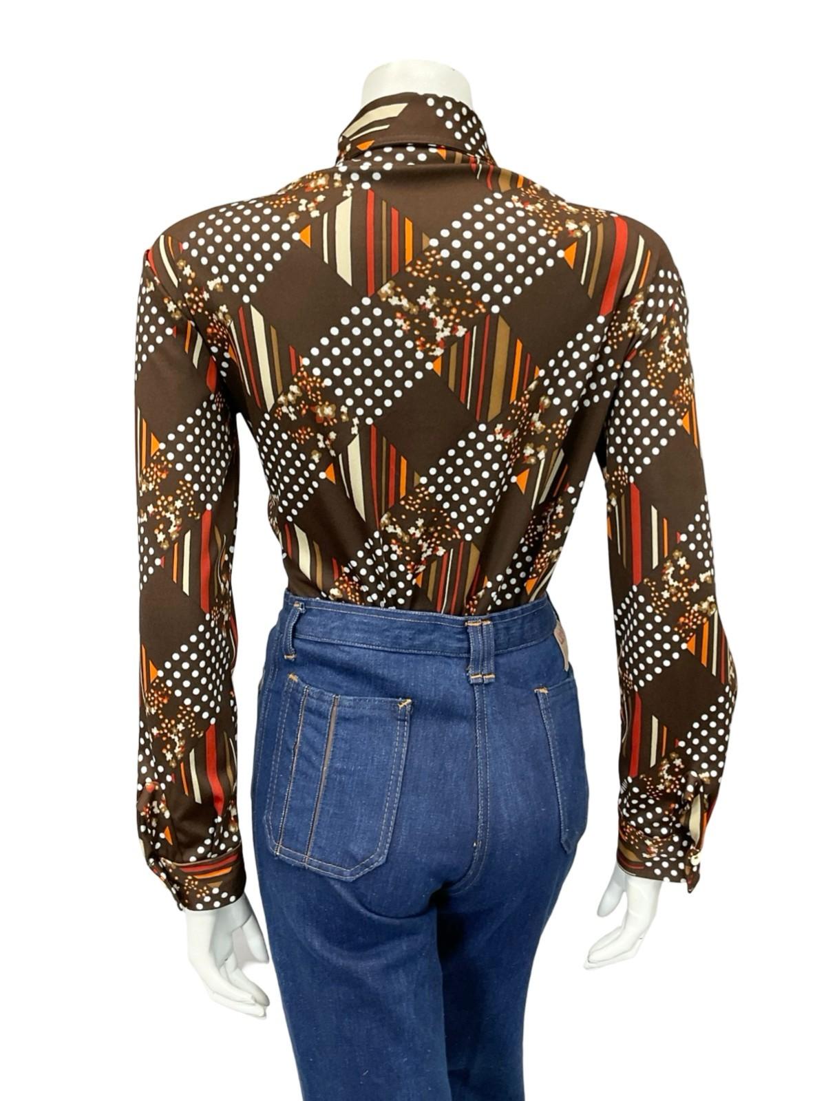 VTG 60S 70S BROWN WHITE RED ORANGE GEOMETRIC POLKA DOT STRIPE DAGGER SHIRT 16