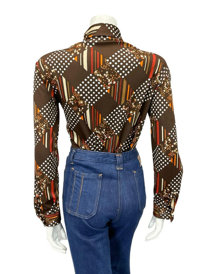 VTG 60S 70S BROWN WHITE RED ORANGE GEOMETRIC POLKA DOT STRIPE DAGGER SHIRT 16