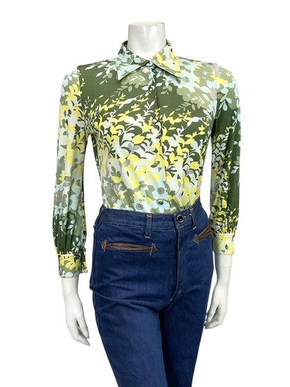 VTG 60S 70S BLUE GREEN CHARTREUSE GREY MOD DAGGER COLLAR LEAFY FLORAL SHIRT 8