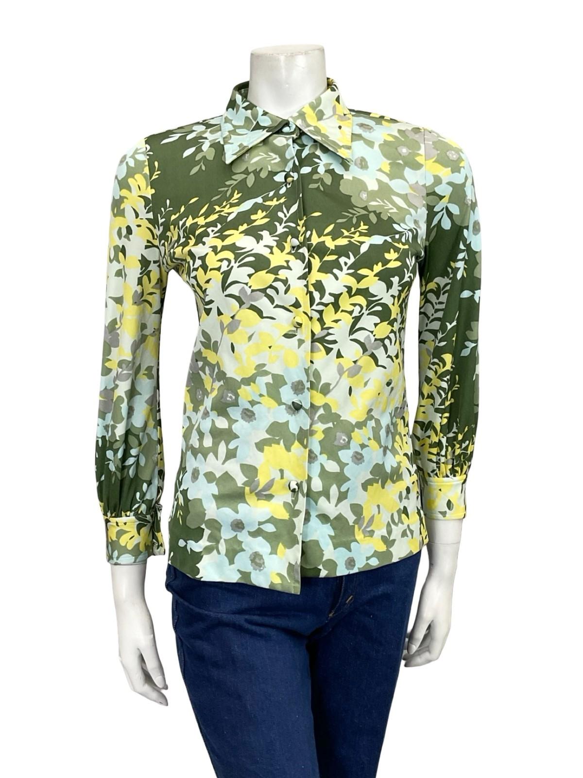 VTG 60S 70S BLUE GREEN CHARTREUSE GREY MOD DAGGER COLLAR LEAFY FLORAL SHIRT 8