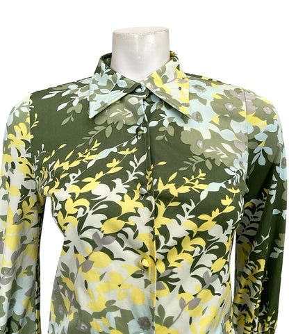 VTG 60S 70S BLUE GREEN CHARTREUSE GREY MOD DAGGER COLLAR LEAFY FLORAL SHIRT 8