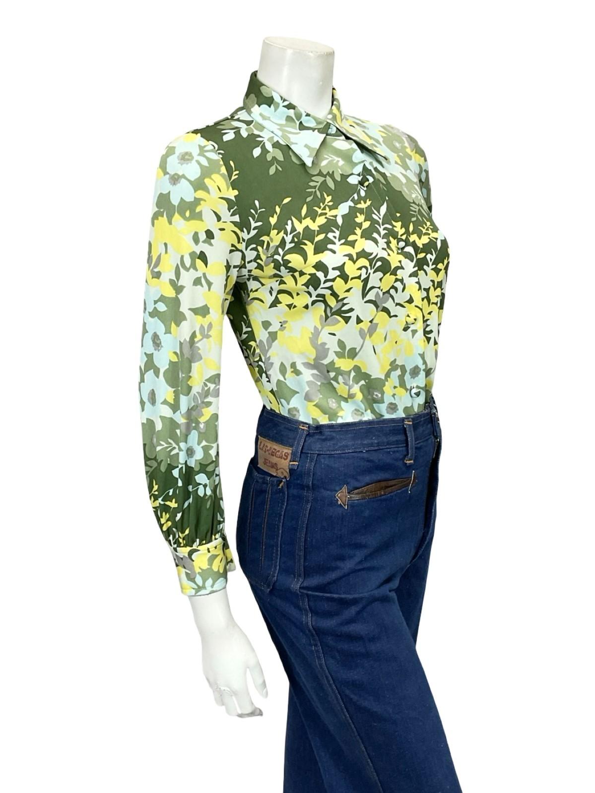 VTG 60S 70S BLUE GREEN CHARTREUSE GREY MOD DAGGER COLLAR LEAFY FLORAL SHIRT 8