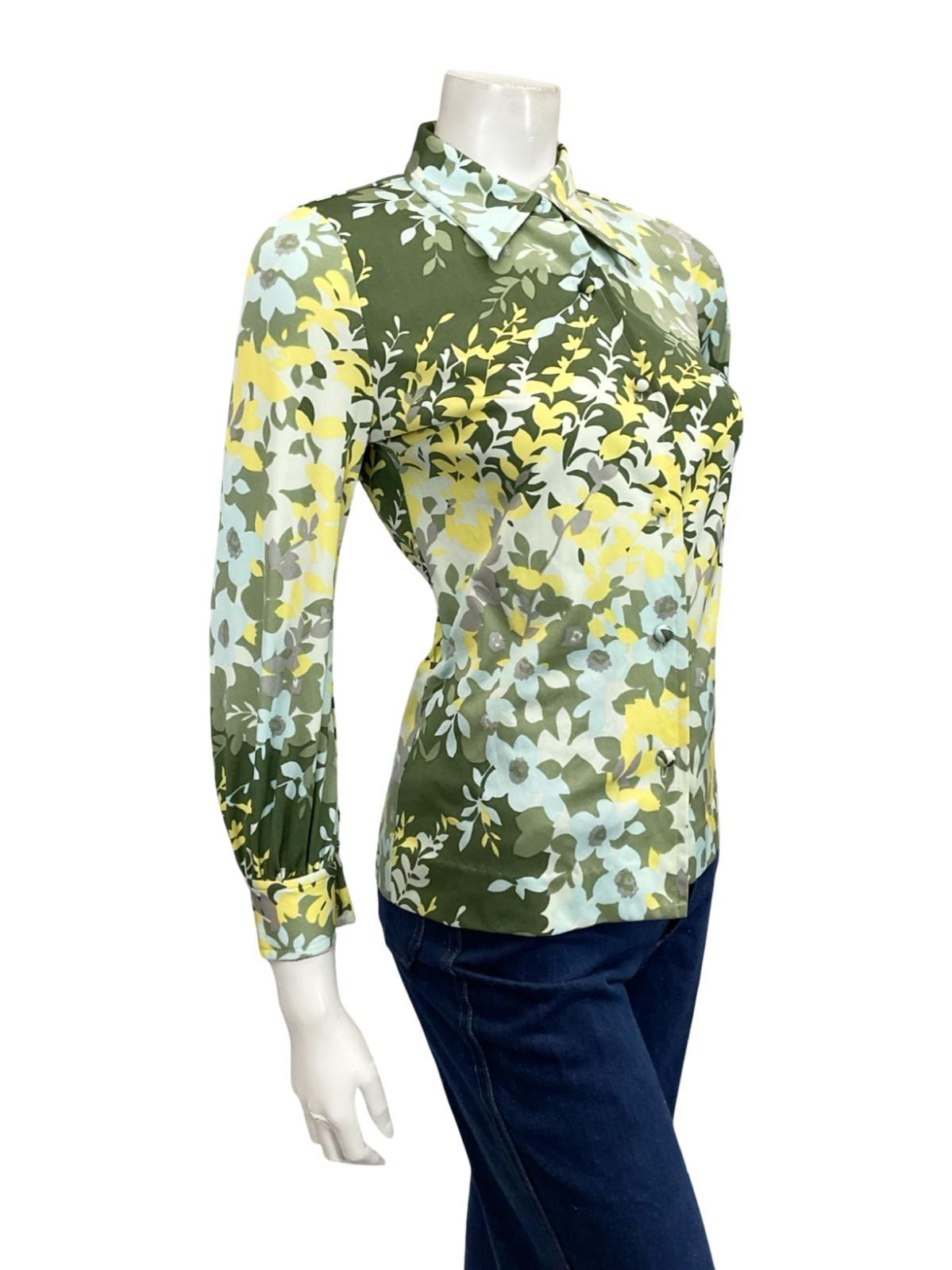 VTG 60S 70S BLUE GREEN CHARTREUSE GREY MOD DAGGER COLLAR LEAFY FLORAL SHIRT 8