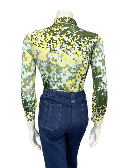 VTG 60S 70S BLUE GREEN CHARTREUSE GREY MOD DAGGER COLLAR LEAFY FLORAL SHIRT 8
