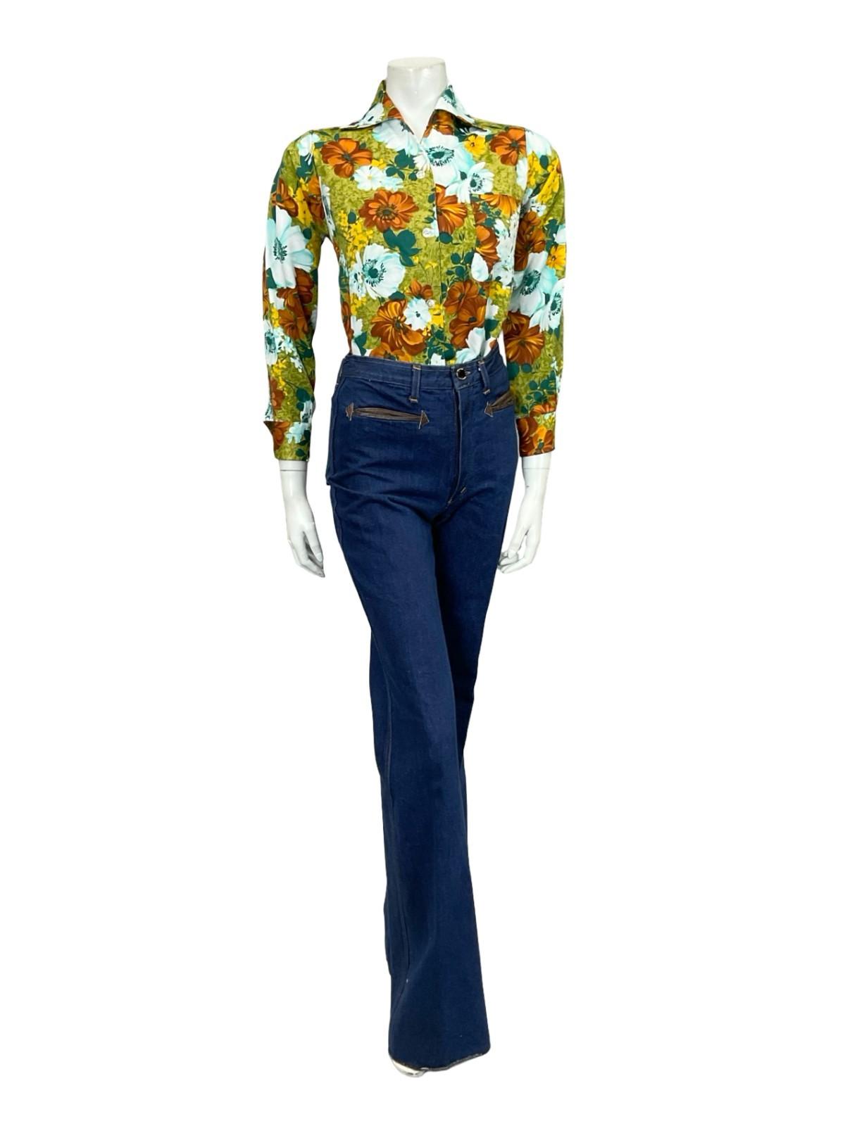 VTG 60S 70S WHITE BROWN YELLOW GREEN FLORAL OPEN COLLAR MOD SHIRT 10