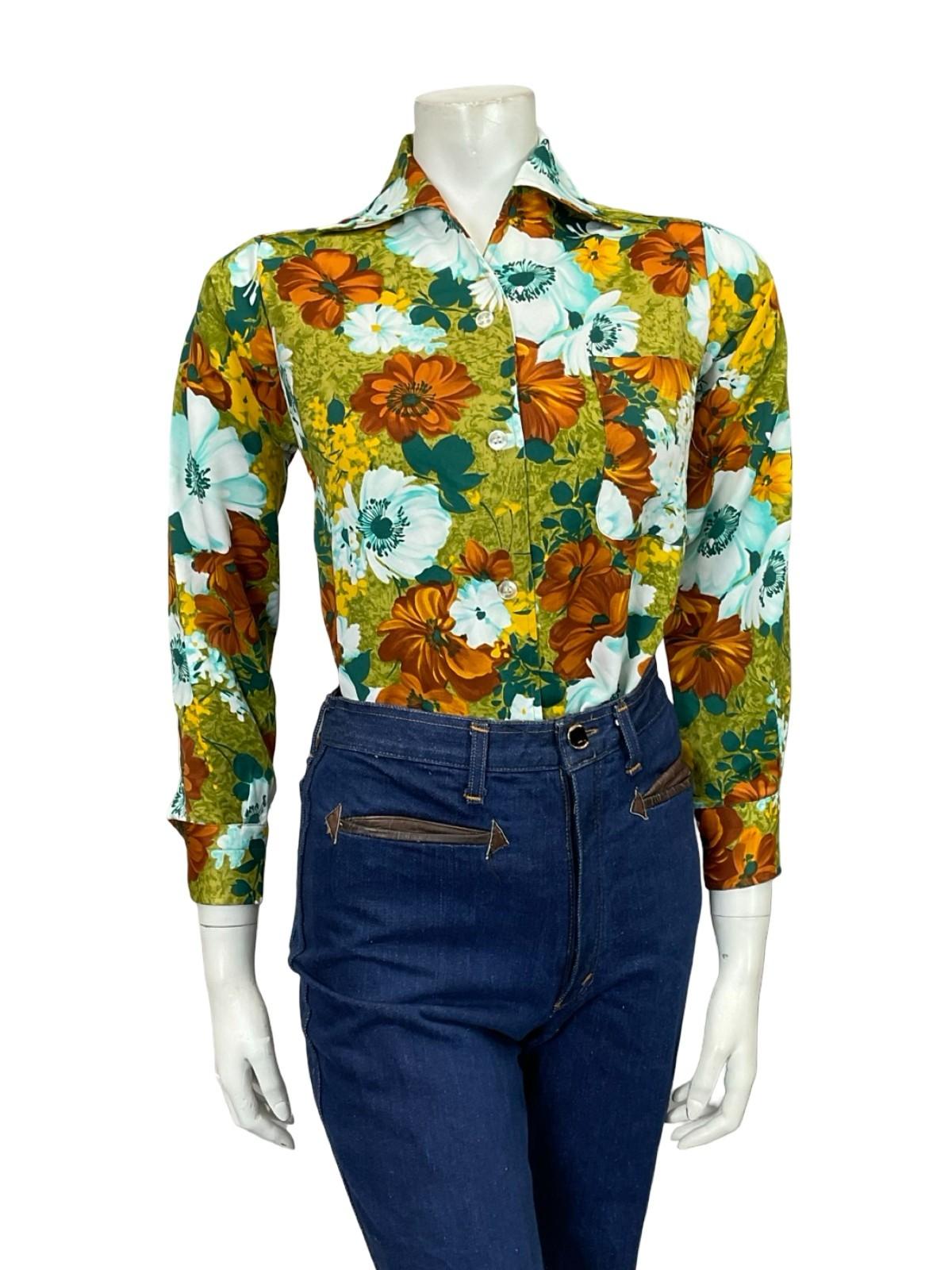 VTG 60S 70S WHITE BROWN YELLOW GREEN FLORAL OPEN COLLAR MOD SHIRT 10