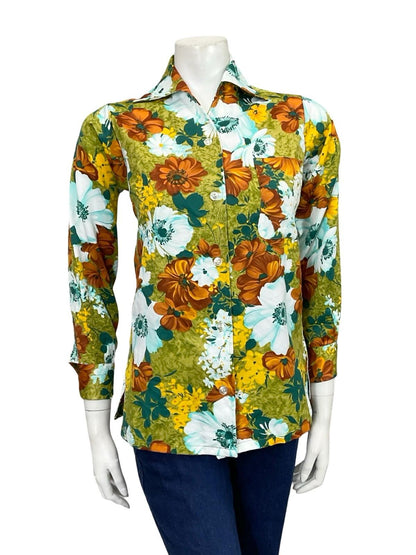 VTG 60S 70S WHITE BROWN YELLOW GREEN FLORAL OPEN COLLAR MOD SHIRT 10