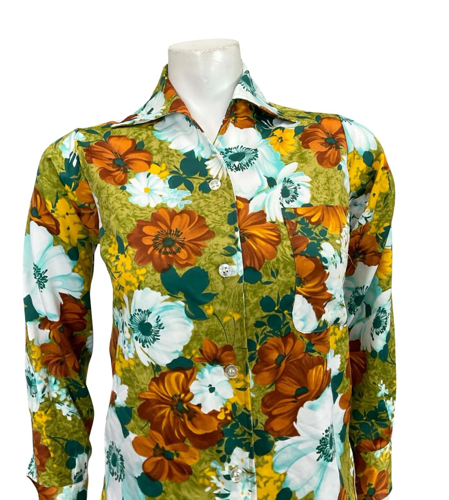VTG 60S 70S WHITE BROWN YELLOW GREEN FLORAL OPEN COLLAR MOD SHIRT 10