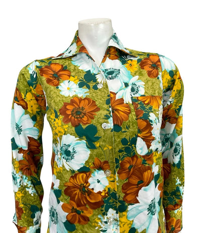 VTG 60S 70S WHITE BROWN YELLOW GREEN FLORAL OPEN COLLAR MOD SHIRT 10