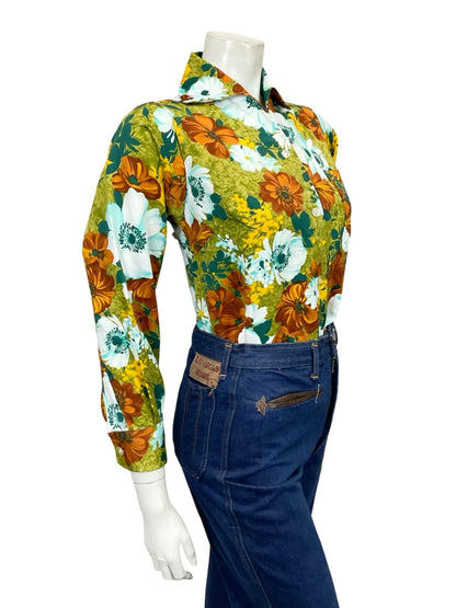 VTG 60S 70S WHITE BROWN YELLOW GREEN FLORAL OPEN COLLAR MOD SHIRT 10