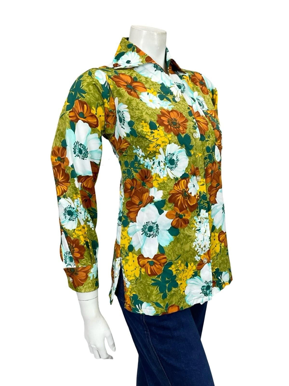 VTG 60S 70S WHITE BROWN YELLOW GREEN FLORAL OPEN COLLAR MOD SHIRT 10