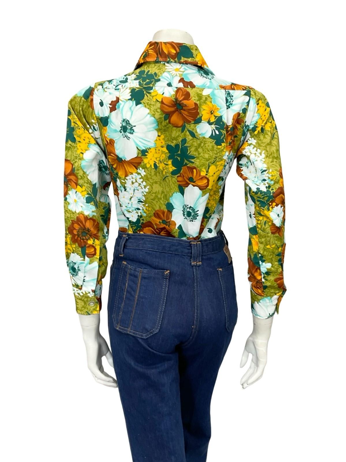 VTG 60S 70S WHITE BROWN YELLOW GREEN FLORAL OPEN COLLAR MOD SHIRT 10