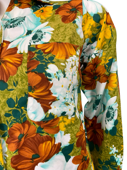 VTG 60S 70S WHITE BROWN YELLOW GREEN FLORAL OPEN COLLAR MOD SHIRT 10