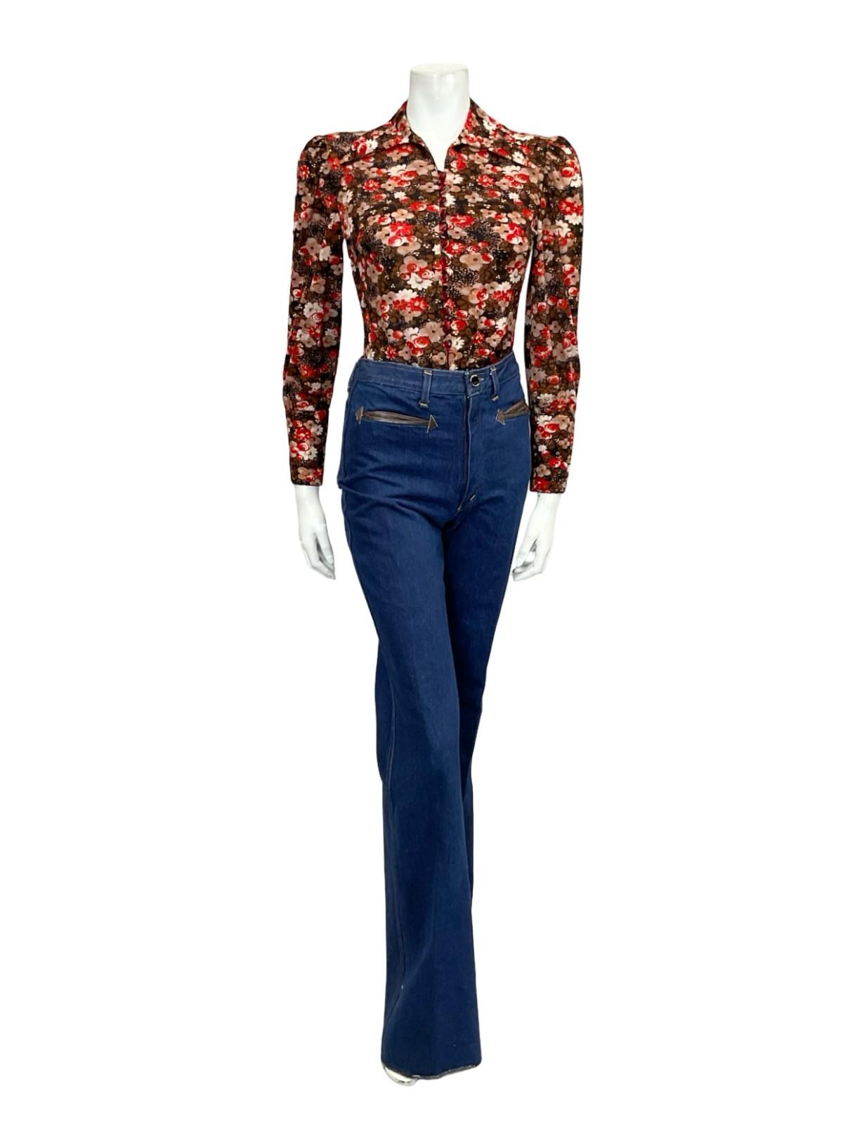 VTG 60S 70S BROWN WHITE RED FLORAL DAGGER COLLAR MOD BISHOP SLEEVE SHIRT 6 8