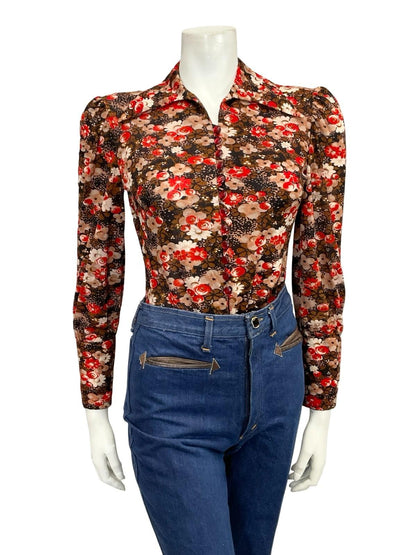 VTG 60S 70S BROWN WHITE RED FLORAL DAGGER COLLAR MOD BISHOP SLEEVE SHIRT 6 8