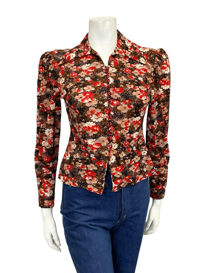 VTG 60S 70S BROWN WHITE RED FLORAL DAGGER COLLAR MOD BISHOP SLEEVE SHIRT 6 8