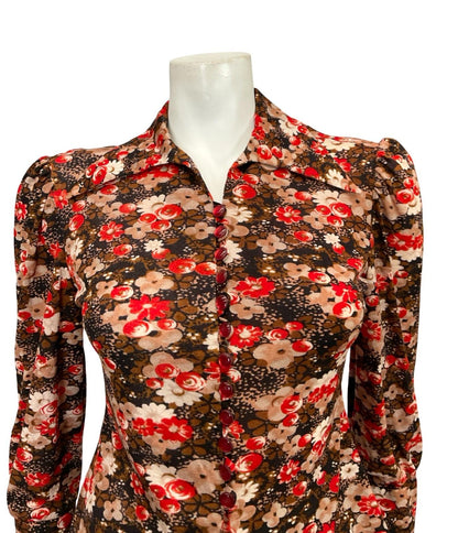 VTG 60S 70S BROWN WHITE RED FLORAL DAGGER COLLAR MOD BISHOP SLEEVE SHIRT 6 8