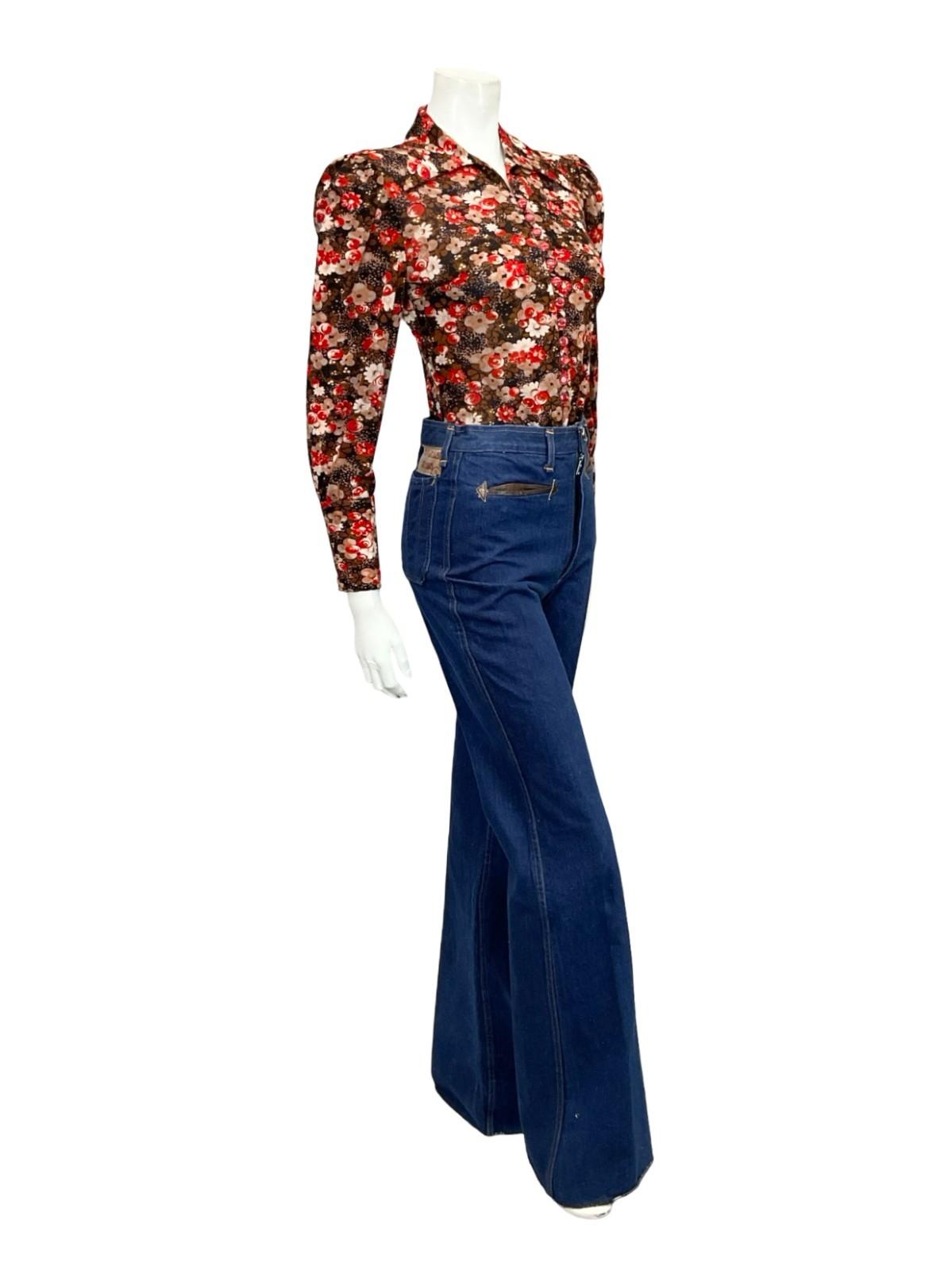 VTG 60S 70S BROWN WHITE RED FLORAL DAGGER COLLAR MOD BISHOP SLEEVE SHIRT 6 8