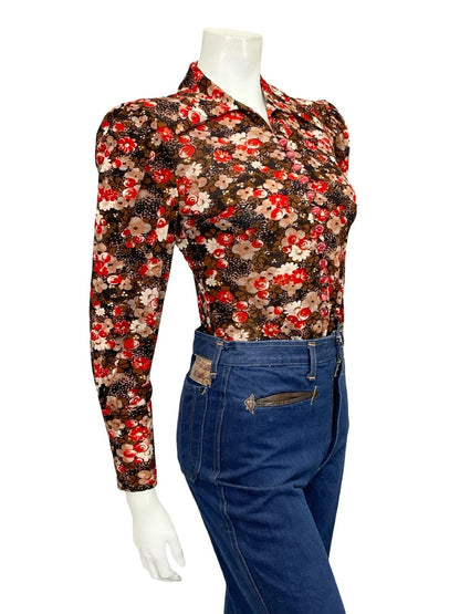 VTG 60S 70S BROWN WHITE RED FLORAL DAGGER COLLAR MOD BISHOP SLEEVE SHIRT 6 8
