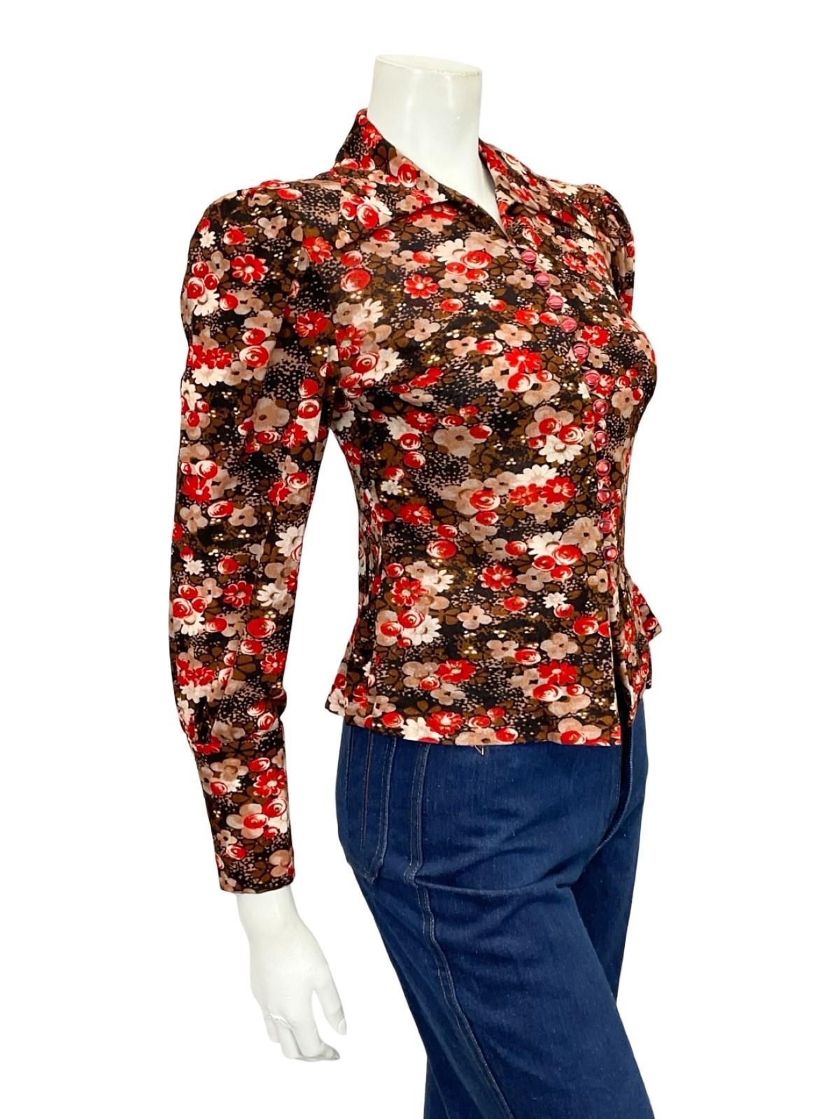 VTG 60S 70S BROWN WHITE RED FLORAL DAGGER COLLAR MOD BISHOP SLEEVE SHIRT 6 8