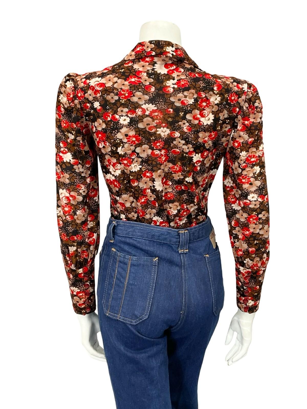 VTG 60S 70S BROWN WHITE RED FLORAL DAGGER COLLAR MOD BISHOP SLEEVE SHIRT 6 8