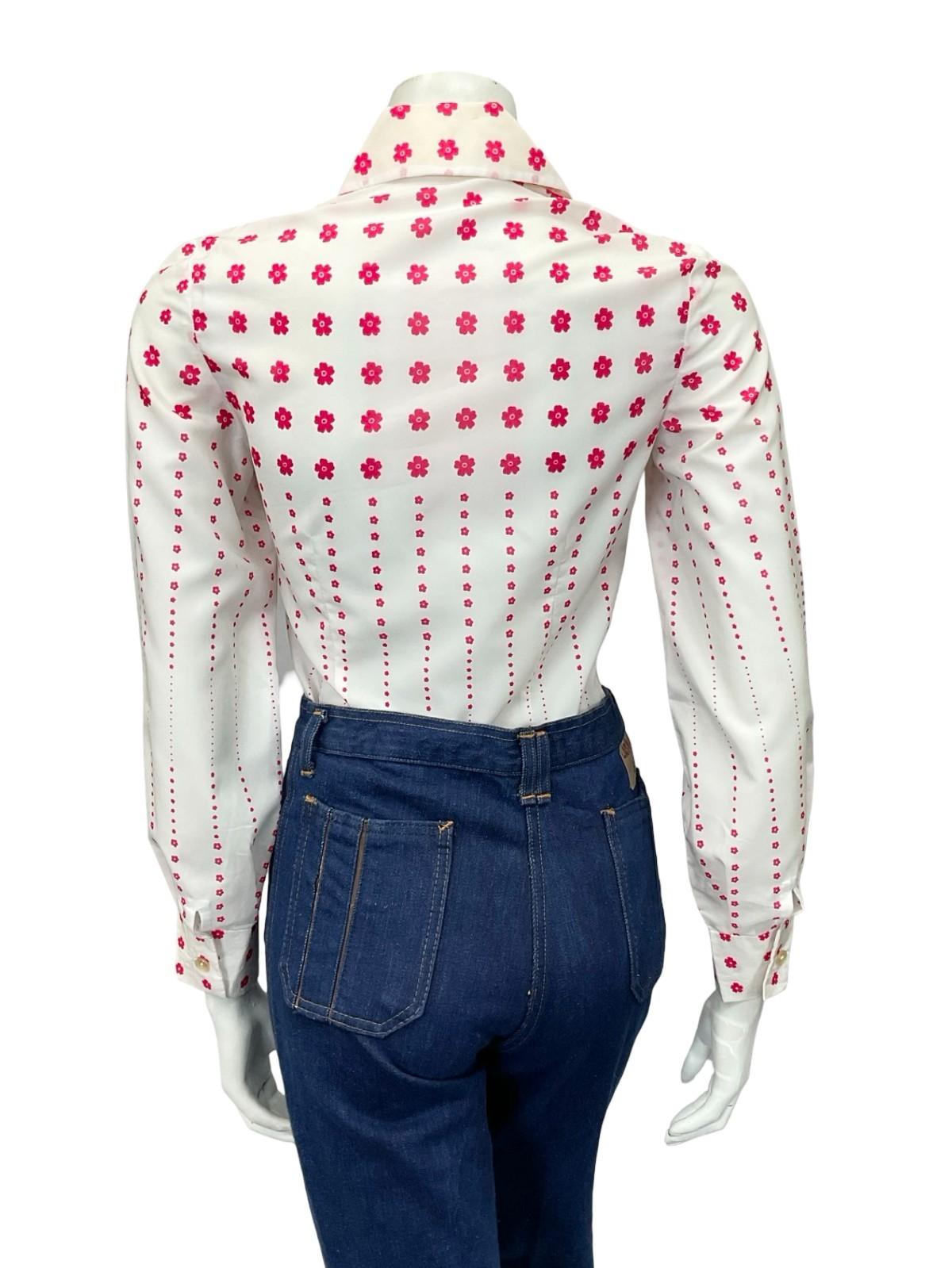 VTG 60S 70S WHITE PINK MOD DAGGER COLLAR FLORAL OP ART SHIRT 6 XS