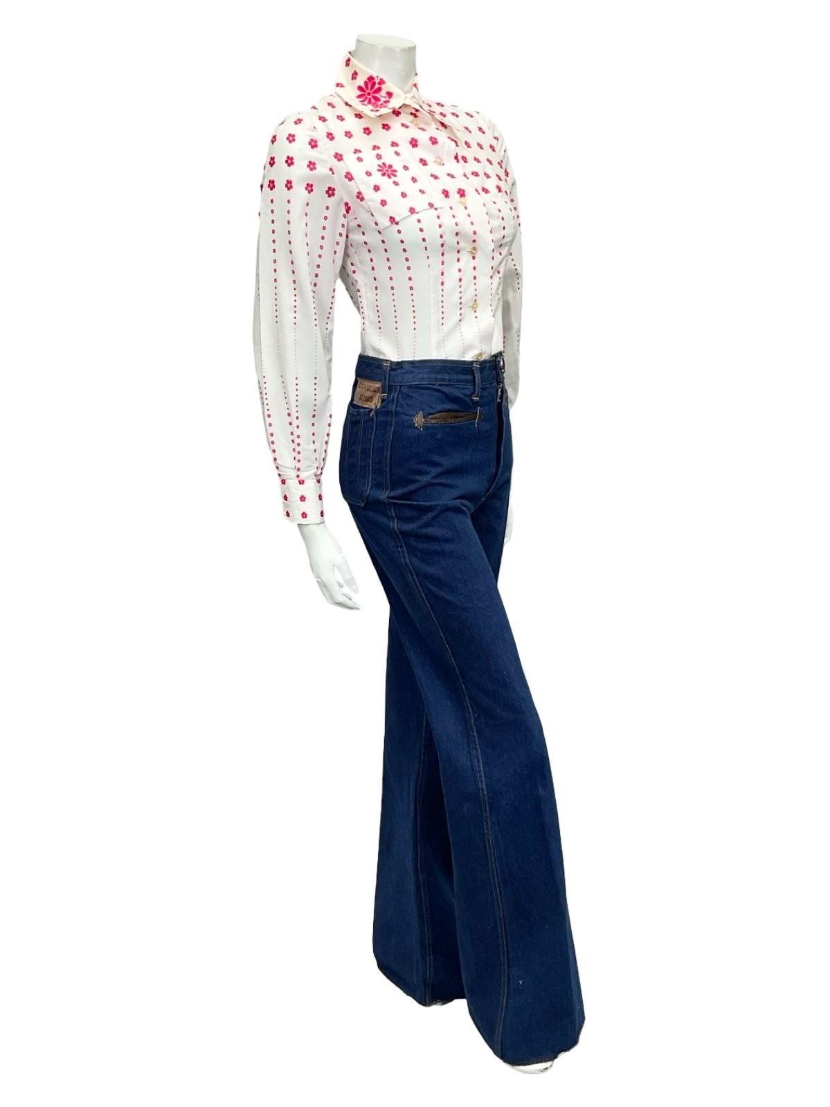 VTG 60S 70S WHITE PINK MOD DAGGER COLLAR FLORAL OP ART SHIRT 6 XS