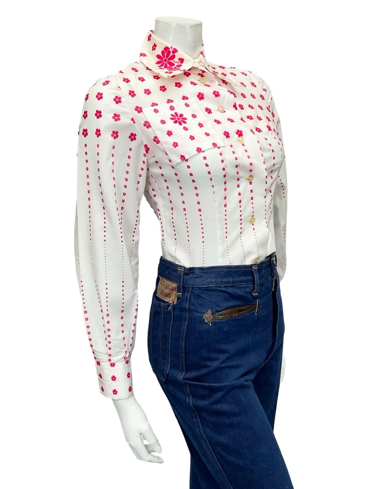 VTG 60S 70S WHITE PINK MOD DAGGER COLLAR FLORAL OP ART SHIRT 6 XS