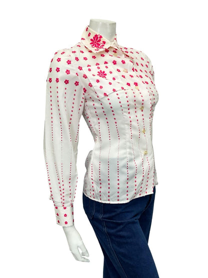 VTG 60S 70S WHITE PINK MOD DAGGER COLLAR FLORAL OP ART SHIRT 6 XS