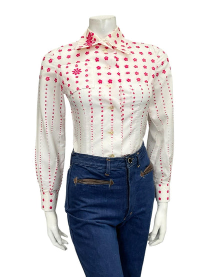 VTG 60S 70S WHITE PINK MOD DAGGER COLLAR FLORAL OP ART SHIRT 6 XS
