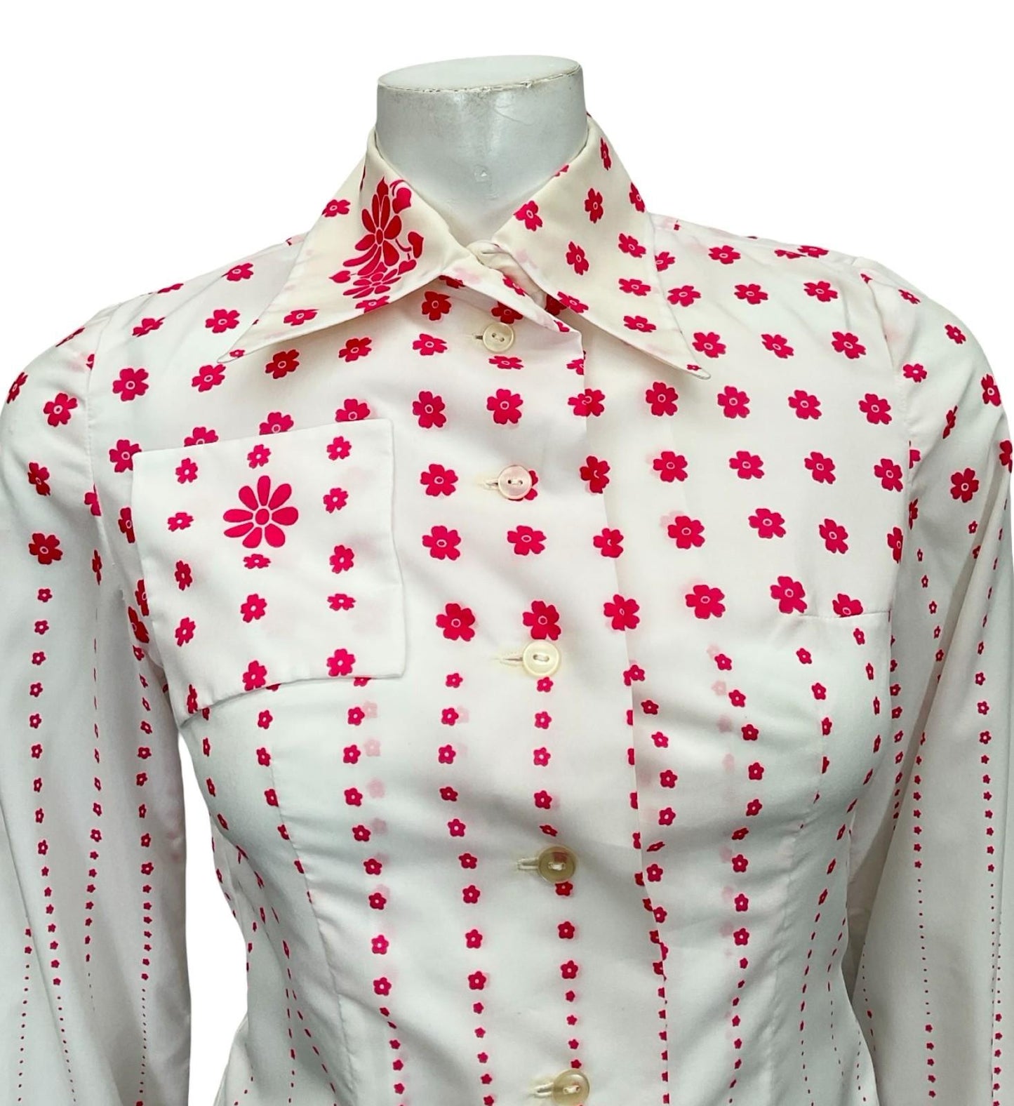 VTG 60S 70S WHITE PINK MOD DAGGER COLLAR FLORAL OP ART SHIRT 6 XS