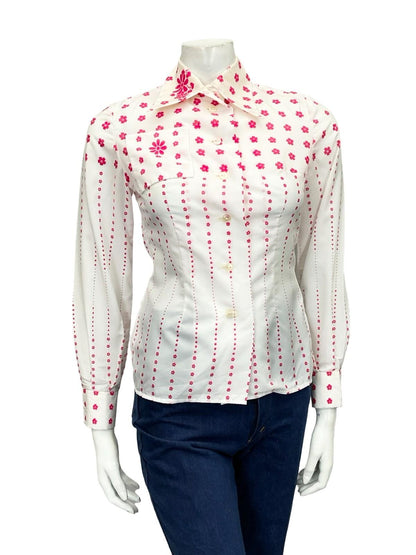 VTG 60S 70S WHITE PINK MOD DAGGER COLLAR FLORAL OP ART SHIRT 6 XS