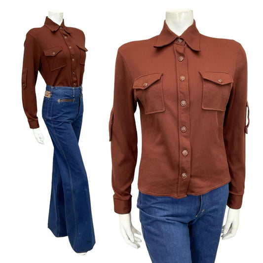 VTG 60S 70S MOD DAGGER COLLAR MONOCHROME BROWN EPAULETTE SHIRT 8 10 S