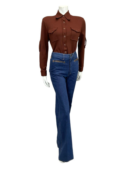 VTG 60S 70S MOD DAGGER COLLAR MONOCHROME BROWN EPAULETTE SHIRT 8 10 S