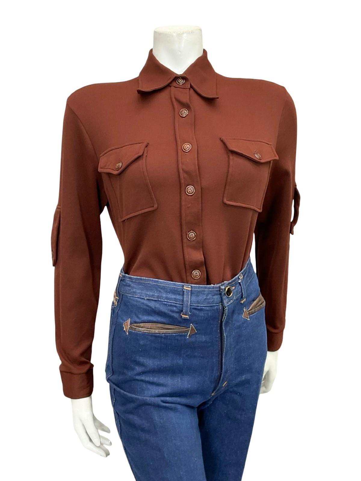 VTG 60S 70S MOD DAGGER COLLAR MONOCHROME BROWN EPAULETTE SHIRT 8 10 S