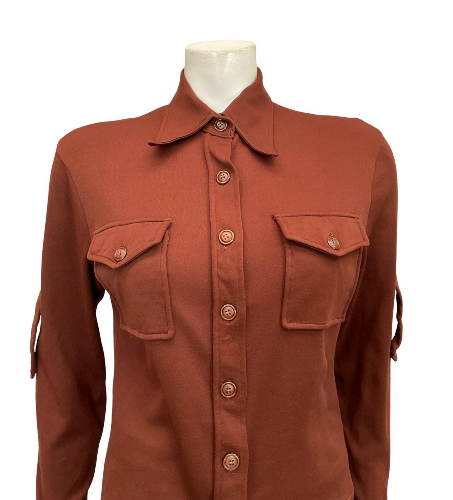 VTG 60S 70S MOD DAGGER COLLAR MONOCHROME BROWN EPAULETTE SHIRT 8 10 S