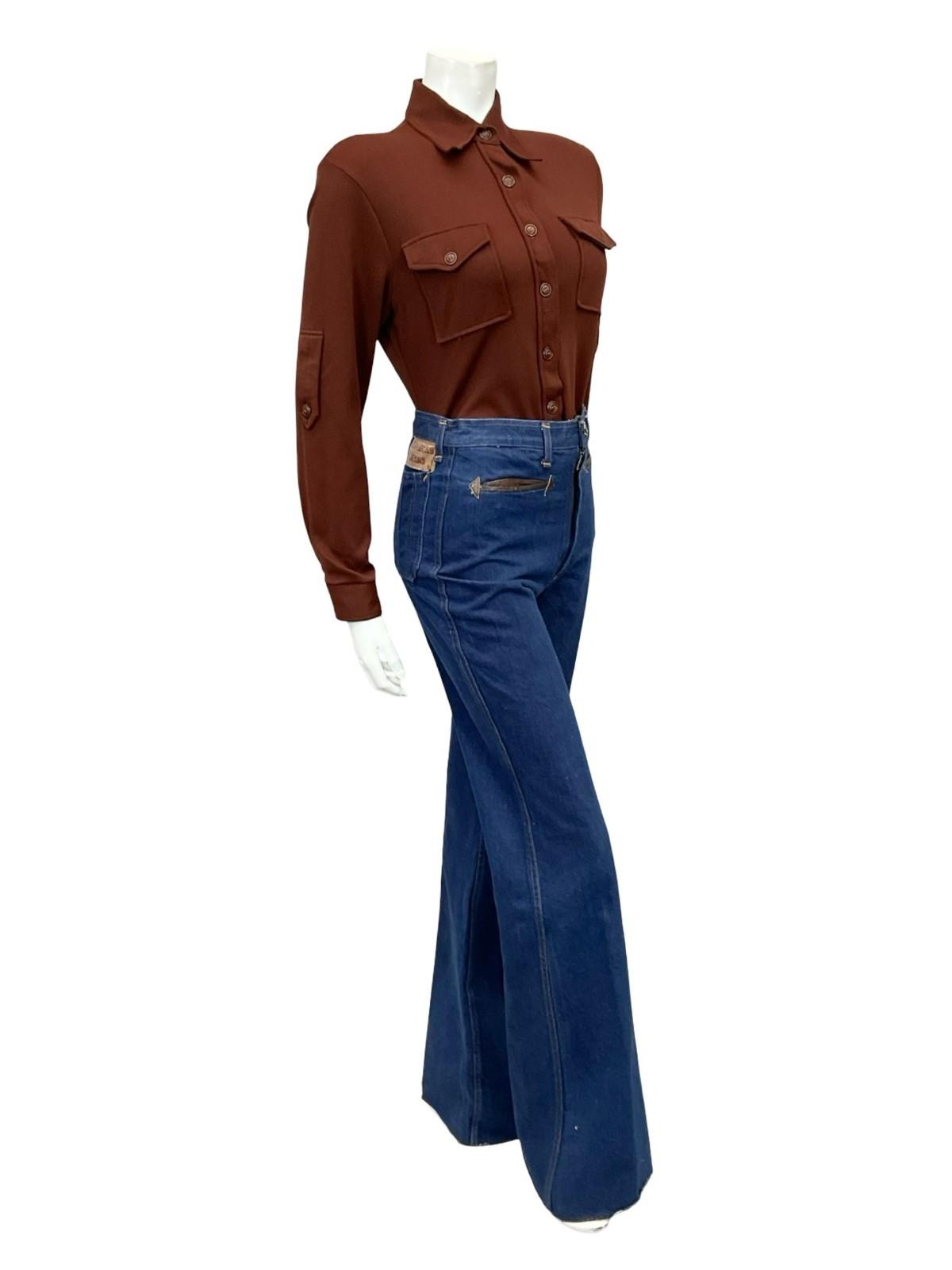 VTG 60S 70S MOD DAGGER COLLAR MONOCHROME BROWN EPAULETTE SHIRT 8 10 S