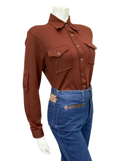 VTG 60S 70S MOD DAGGER COLLAR MONOCHROME BROWN EPAULETTE SHIRT 8 10 S