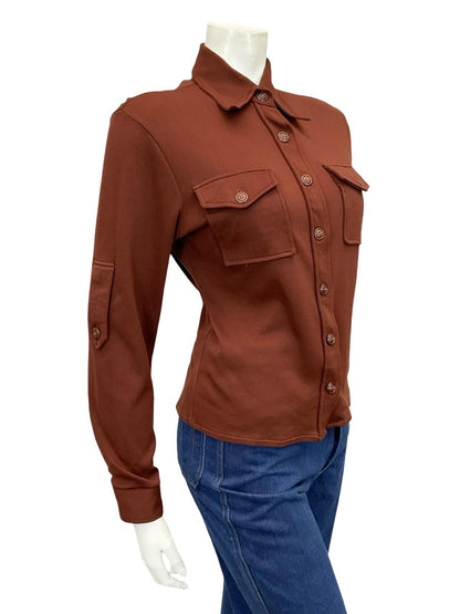 VTG 60S 70S MOD DAGGER COLLAR MONOCHROME BROWN EPAULETTE SHIRT 8 10 S