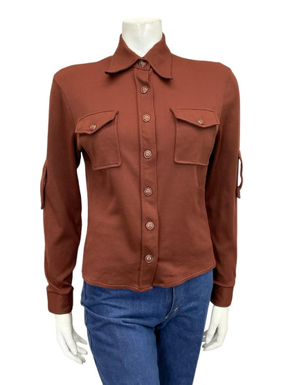 VTG 60S 70S MOD DAGGER COLLAR MONOCHROME BROWN EPAULETTE SHIRT 8 10 S
