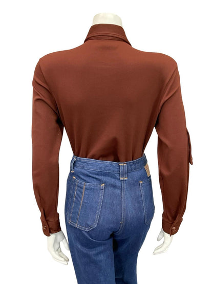 VTG 60S 70S MOD DAGGER COLLAR MONOCHROME BROWN EPAULETTE SHIRT 8 10 S