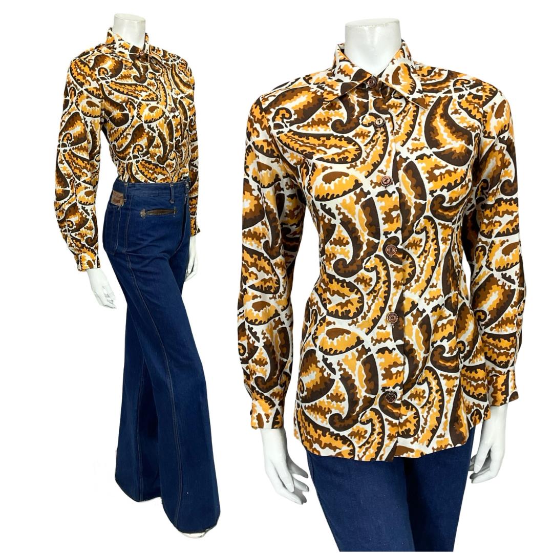 60s 70s yellow and brown psychedelic paisley dagger collar shirt shrinking violets vintage.