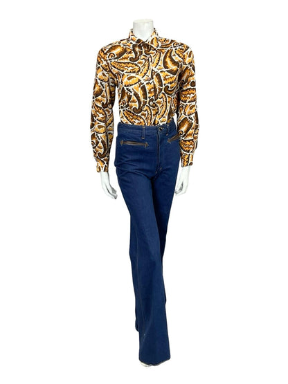 VTG 60S 70S BROWN YELLOW WHITE PSYCHEDELIC PAISLEY DAGGER COLLAR MOD SHIRT 12