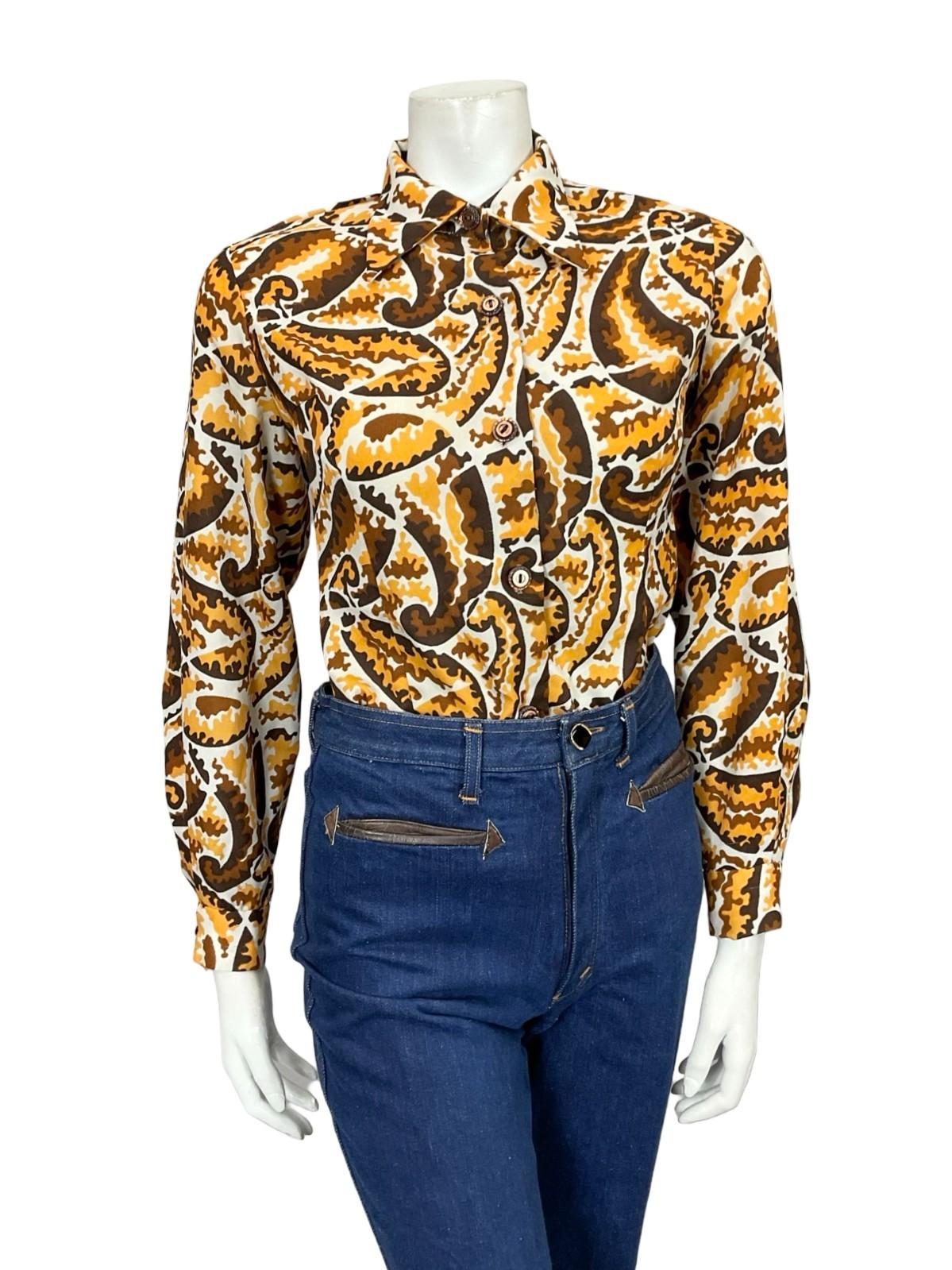 VTG 60S 70S BROWN YELLOW WHITE PSYCHEDELIC PAISLEY DAGGER COLLAR MOD SHIRT 12