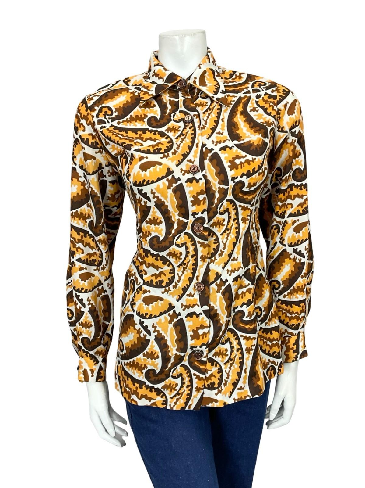 VTG 60S 70S BROWN YELLOW WHITE PSYCHEDELIC PAISLEY DAGGER COLLAR MOD SHIRT 12