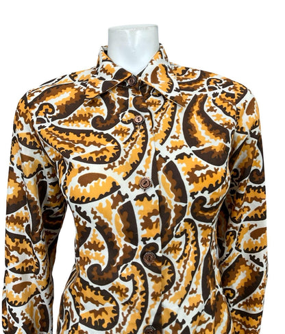 VTG 60S 70S BROWN YELLOW WHITE PSYCHEDELIC PAISLEY DAGGER COLLAR MOD SHIRT 12