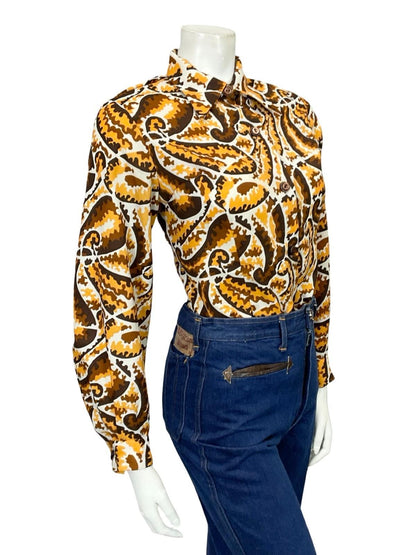 VTG 60S 70S BROWN YELLOW WHITE PSYCHEDELIC PAISLEY DAGGER COLLAR MOD SHIRT 12