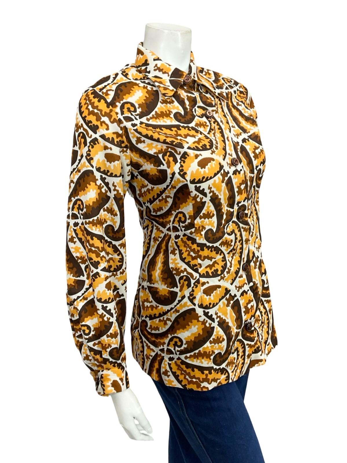 VTG 60S 70S BROWN YELLOW WHITE PSYCHEDELIC PAISLEY DAGGER COLLAR MOD SHIRT 12