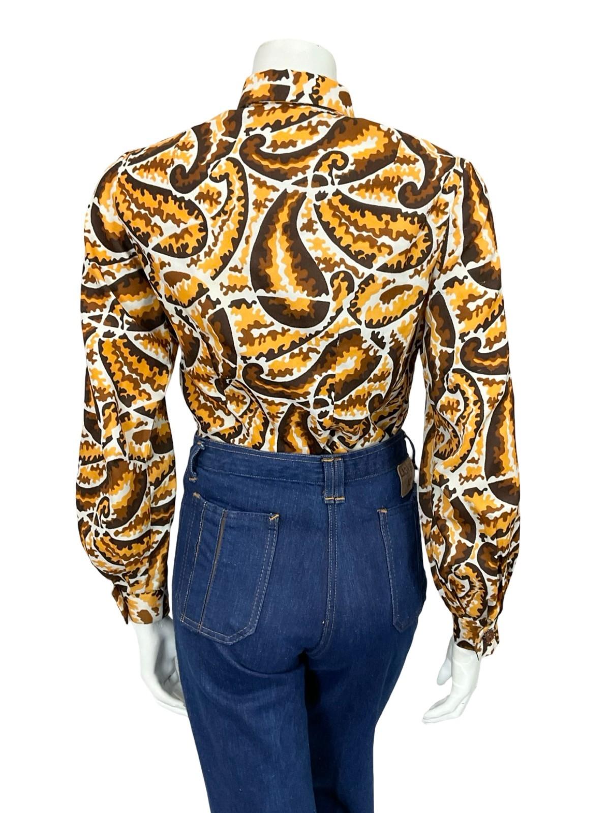 VTG 60S 70S BROWN YELLOW WHITE PSYCHEDELIC PAISLEY DAGGER COLLAR MOD SHIRT 12