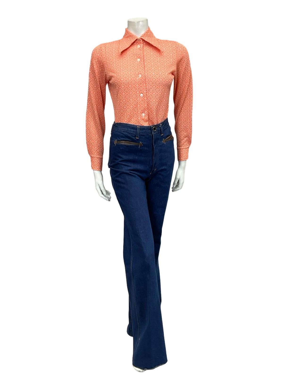 VTG 60S 70S ORANGE WHITE MOD GEOMETRIC DAGGER COLLAR GRID TILE SHIRT 8